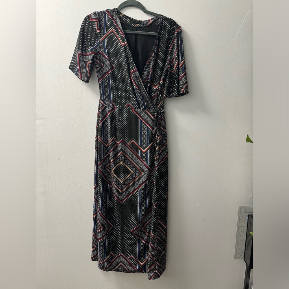 Lucca Black Red Wrap Geometric Dress M